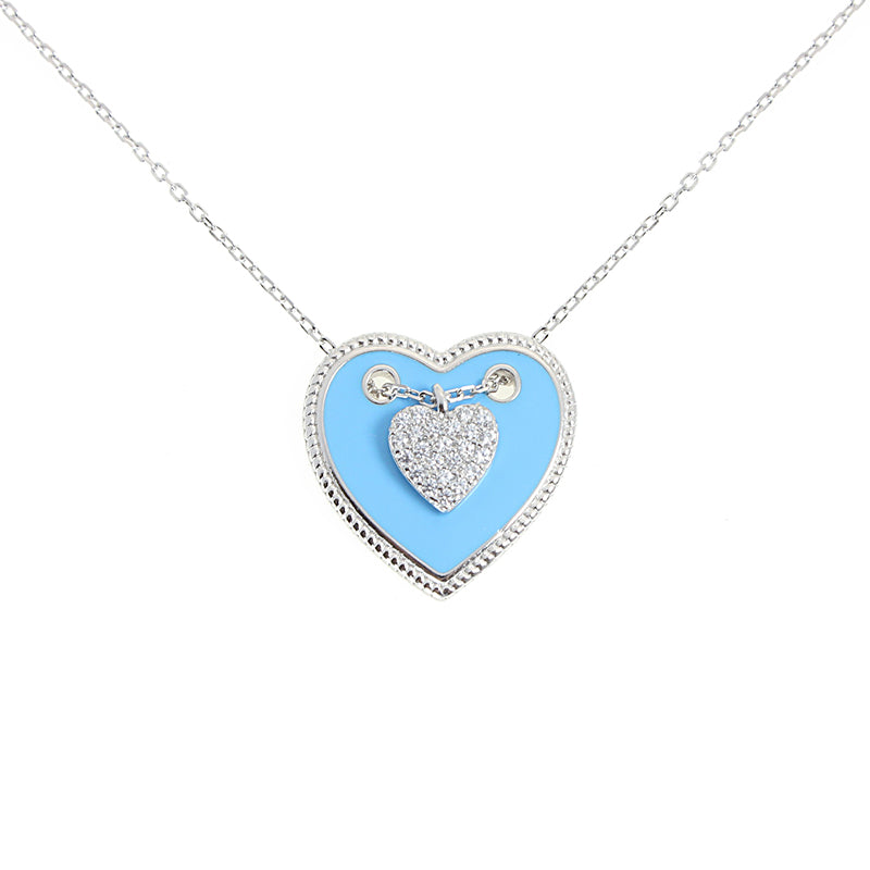 Silver House Light Blue Enamel Zircon Heart Shaped Silver 925 Necklace Young Girl