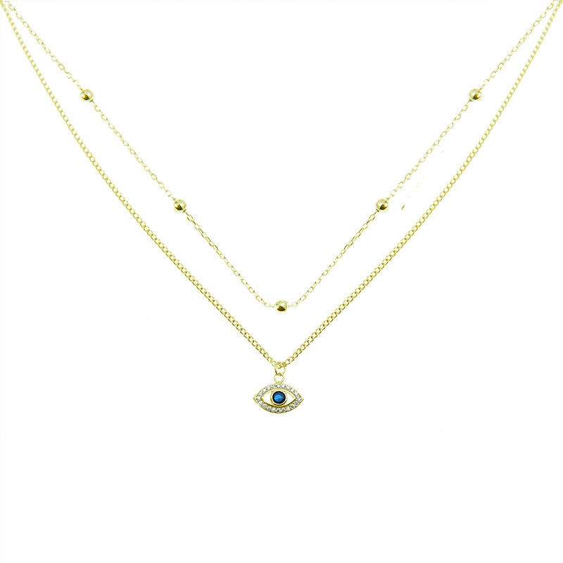 Silver House Evil Eye Double Chain Enamel Silver 925 Necklace Sapphire Gold