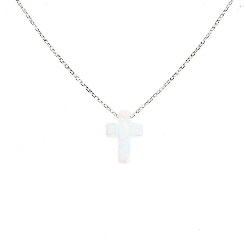 White Opal Cross Silver 925 Necklace