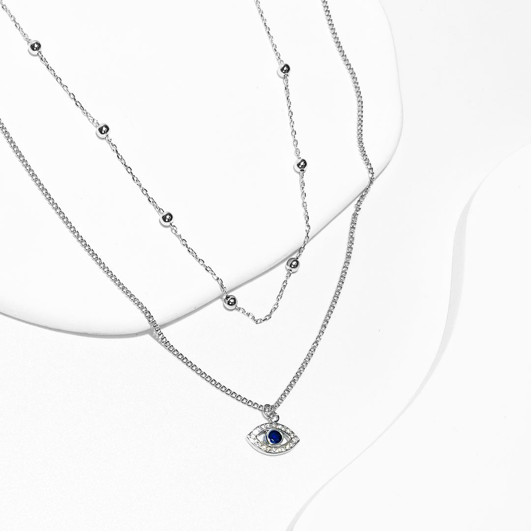Silver House Evil Eye Double Chain Enamel Silver 925 Necklace Sapphire