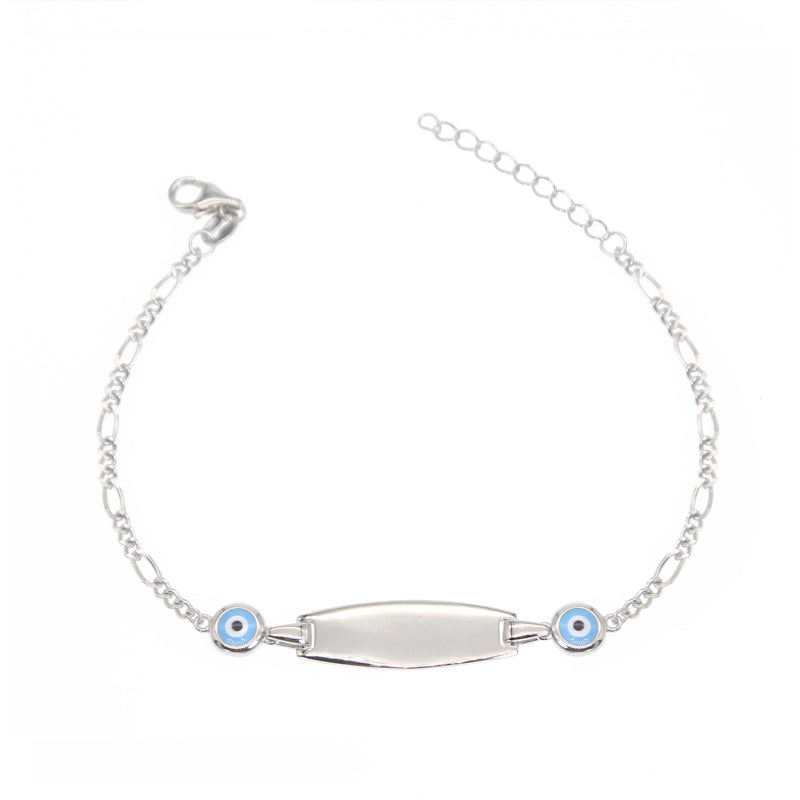 Dark/Light blue enamel round evil eye ID plain silver 925 bracelet