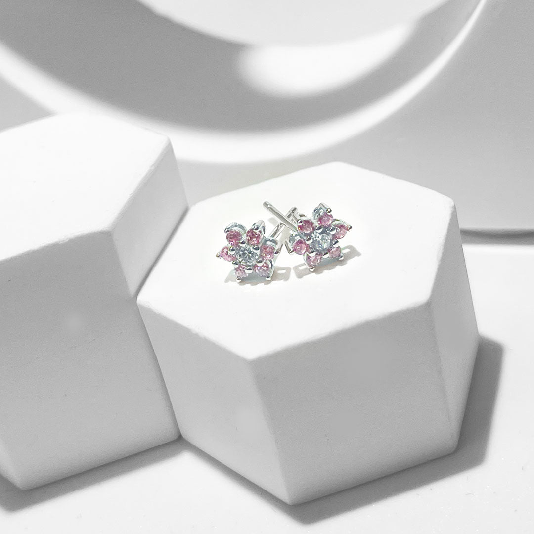 Silver House Hexagonal Star Pink Zircon Silver 925 Earrings Fashion