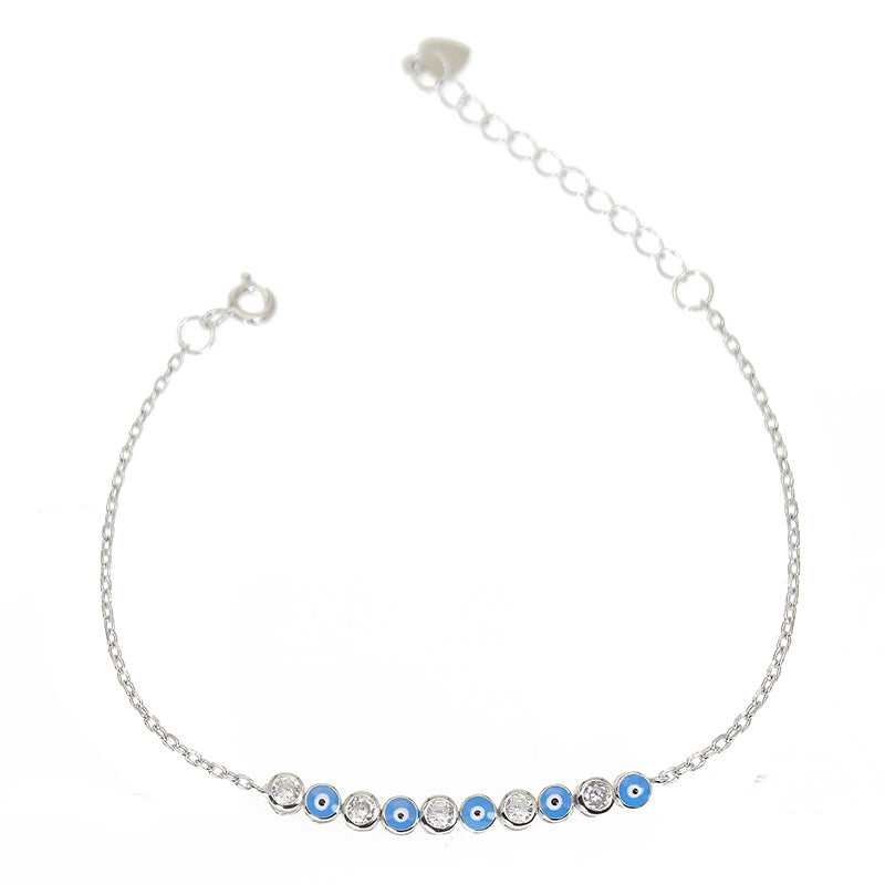 Light Blue Enamel White Zircon Evil Eye Silver 925 Bracelet