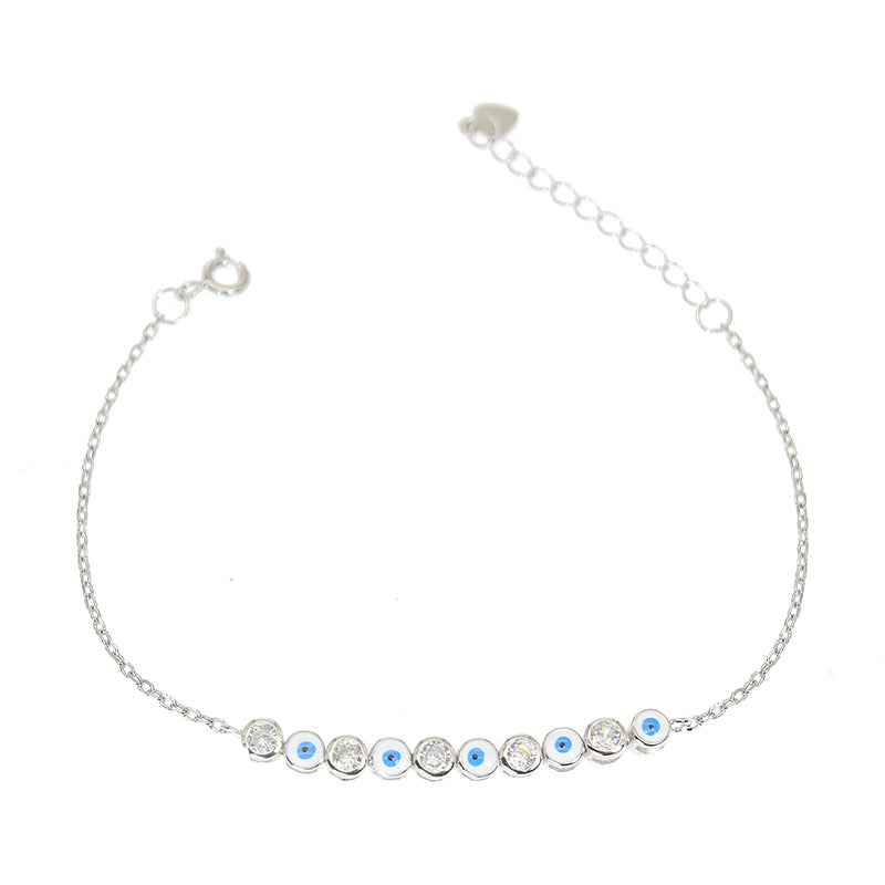 White Enamel White Zircon Evil Eye Silver 925 Bracelet