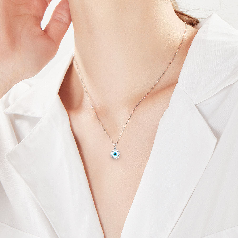 Silver House White Zircon MOP Round Evil Eye 925 Necklace Individuation Fashion Accessories