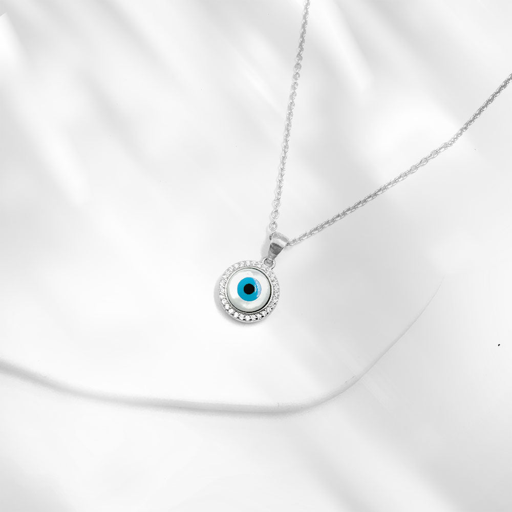 Silver House White Zircon MOP Round Evil Eye 925 Necklace Individuation Fashion Accessories