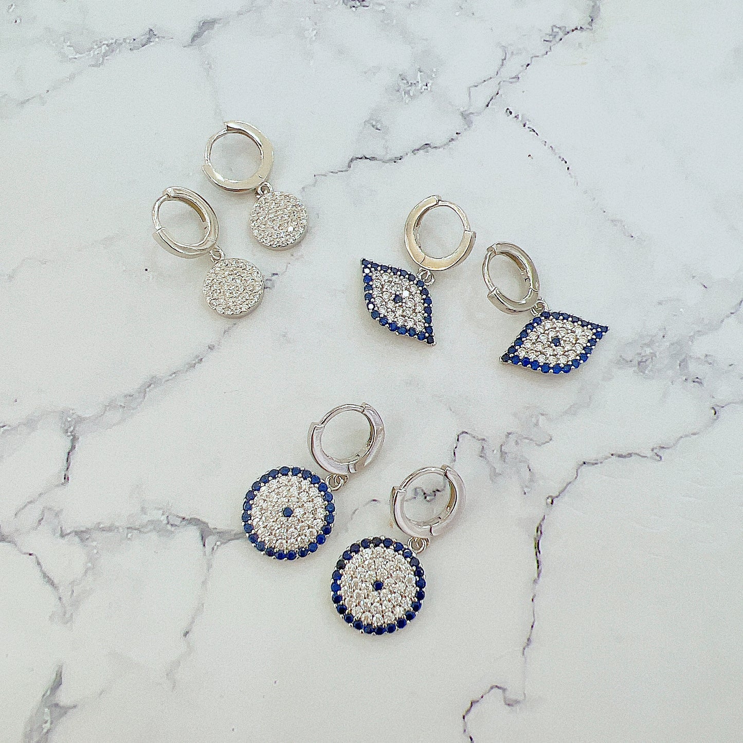 Sapphire and white zircon 13mm round shape evil eye silver 925 necklace
