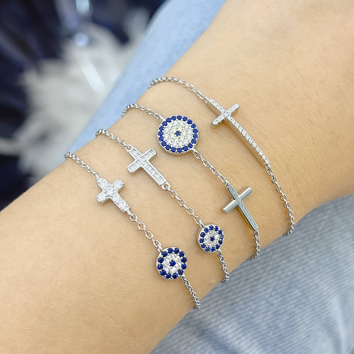 Sapphire and white zircon evil eye with cross silver 925 bracelet