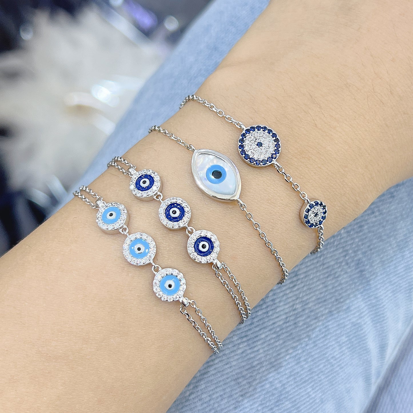 White zircon dark/light blue enamel 3 round evil eyes double chain silver 925 bracelet