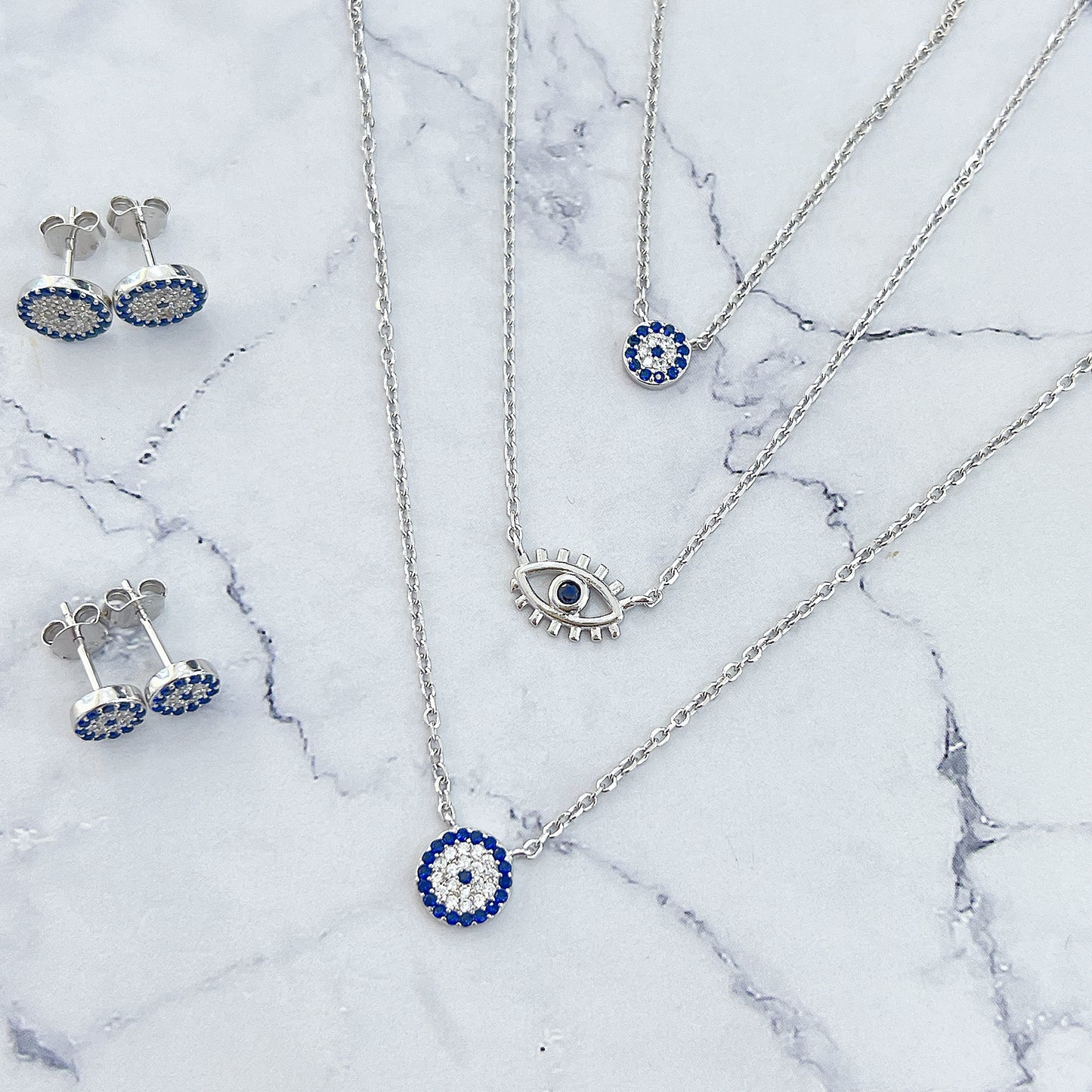 Sapphire and white zircon 9mm round shape evil eye silver 925 necklace