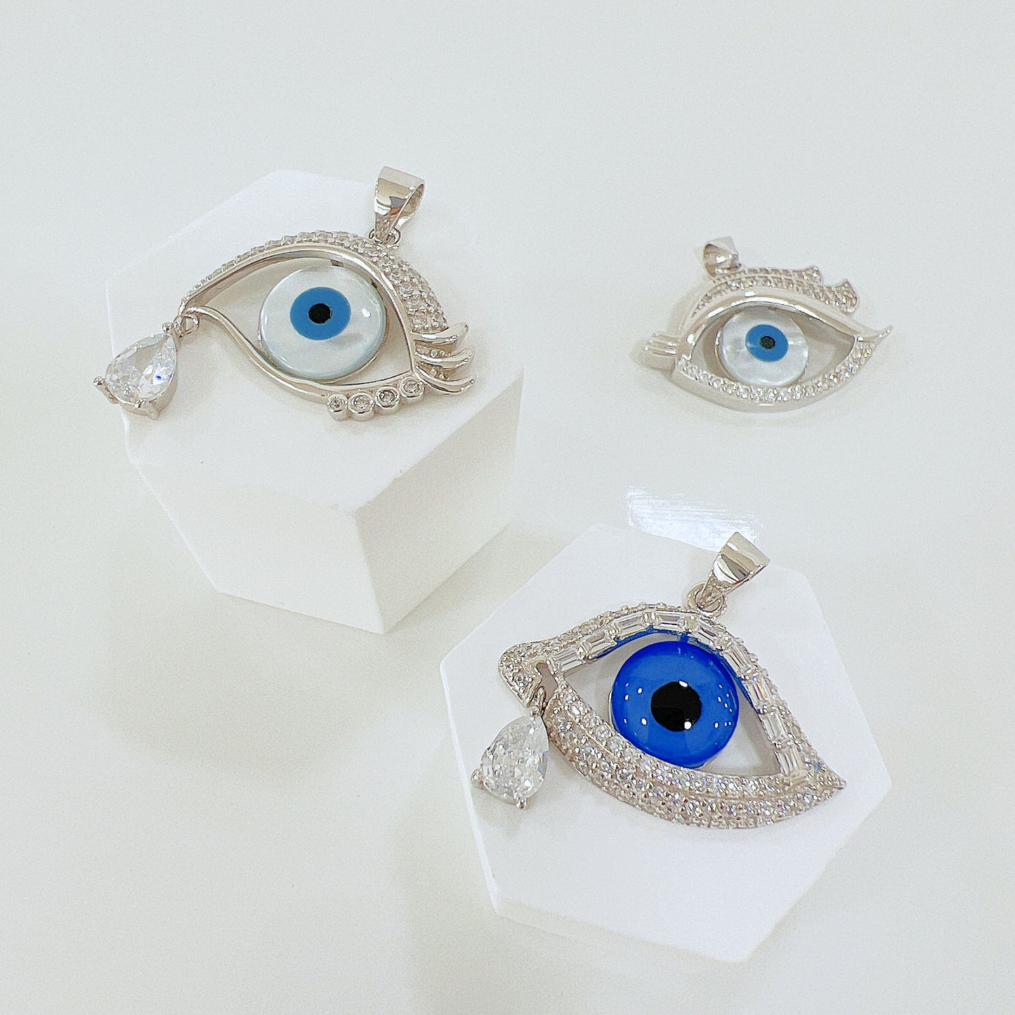 White shell evil eye with tear drop silver 925 jewelry pendant