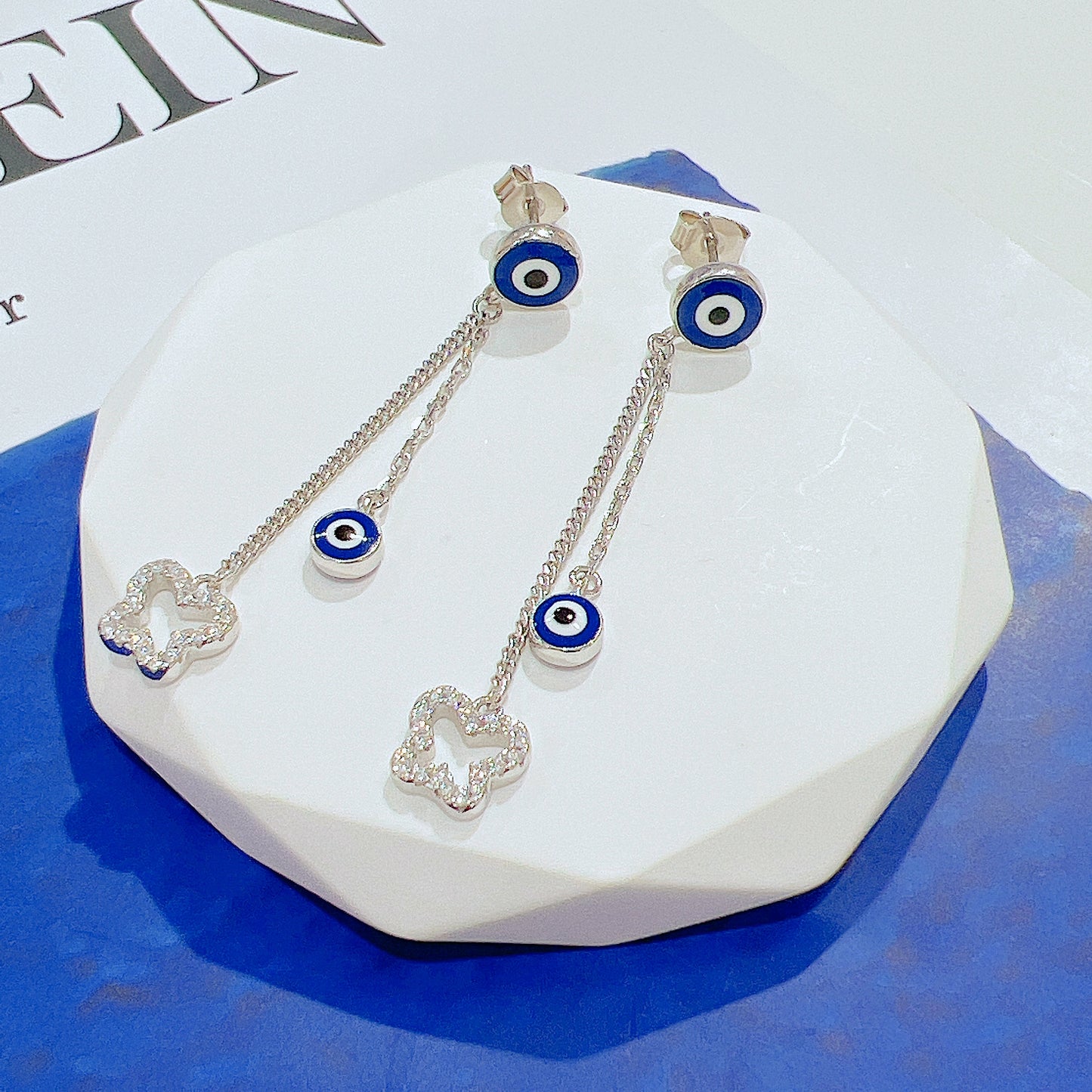 Dark blue enamel white zircon evil eye silver 925 earrings