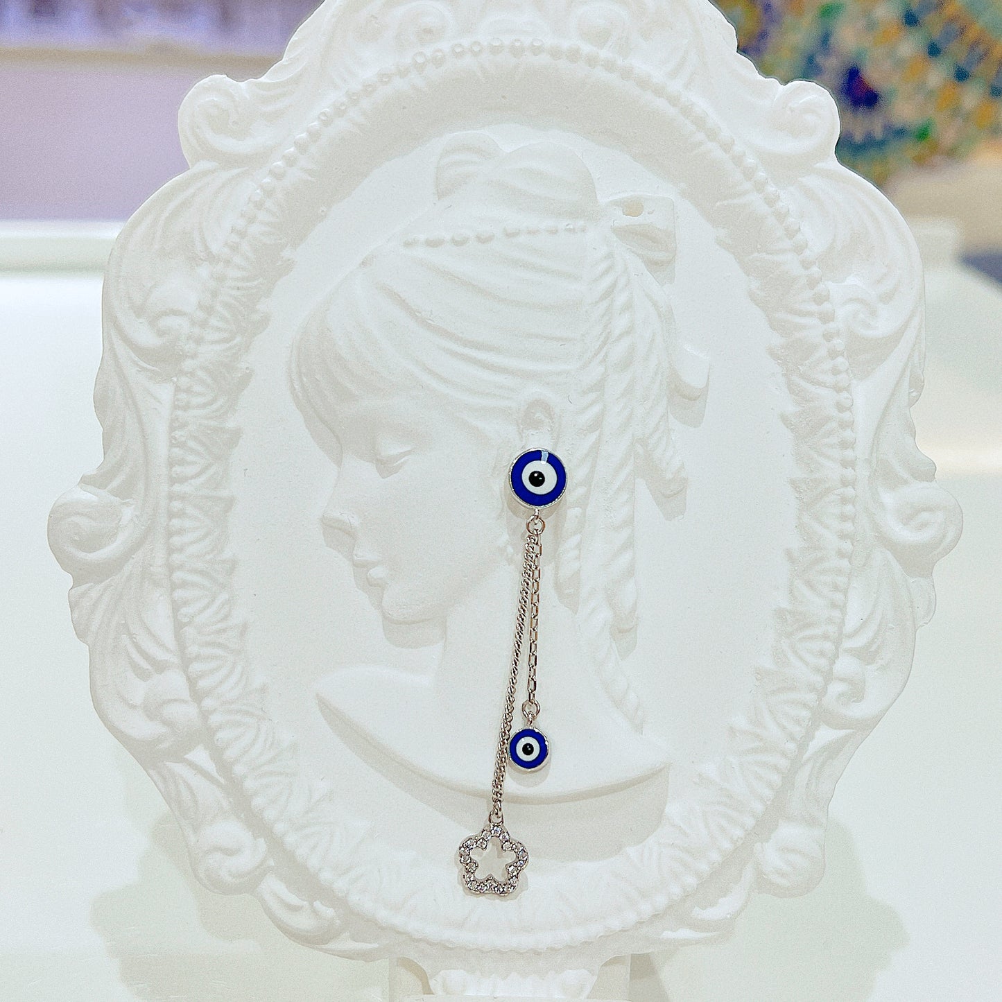 Dark blue enamel white zircon evil eye silver 925 earrings
