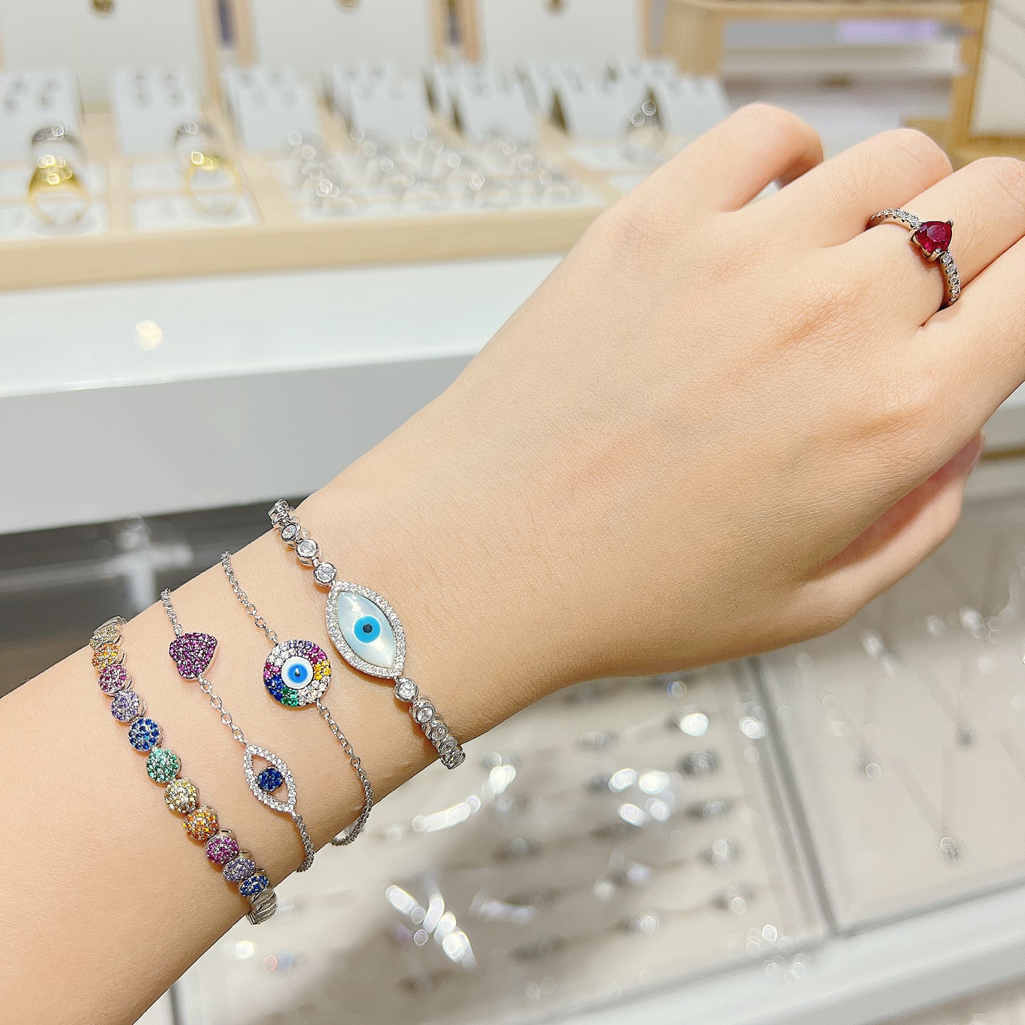 Rainbow color zircon evil eye and red heart silver 925 bracelet