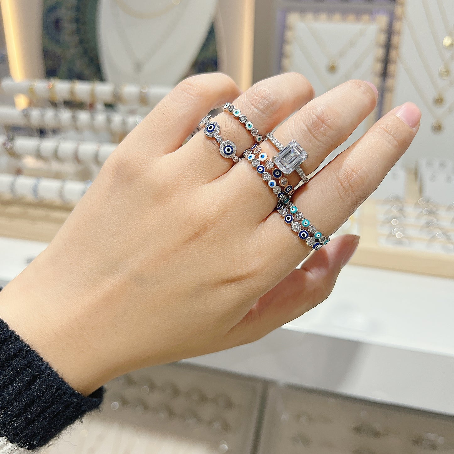 2mm White Enamel White Zircon Evil Eye Silver 925 Ring