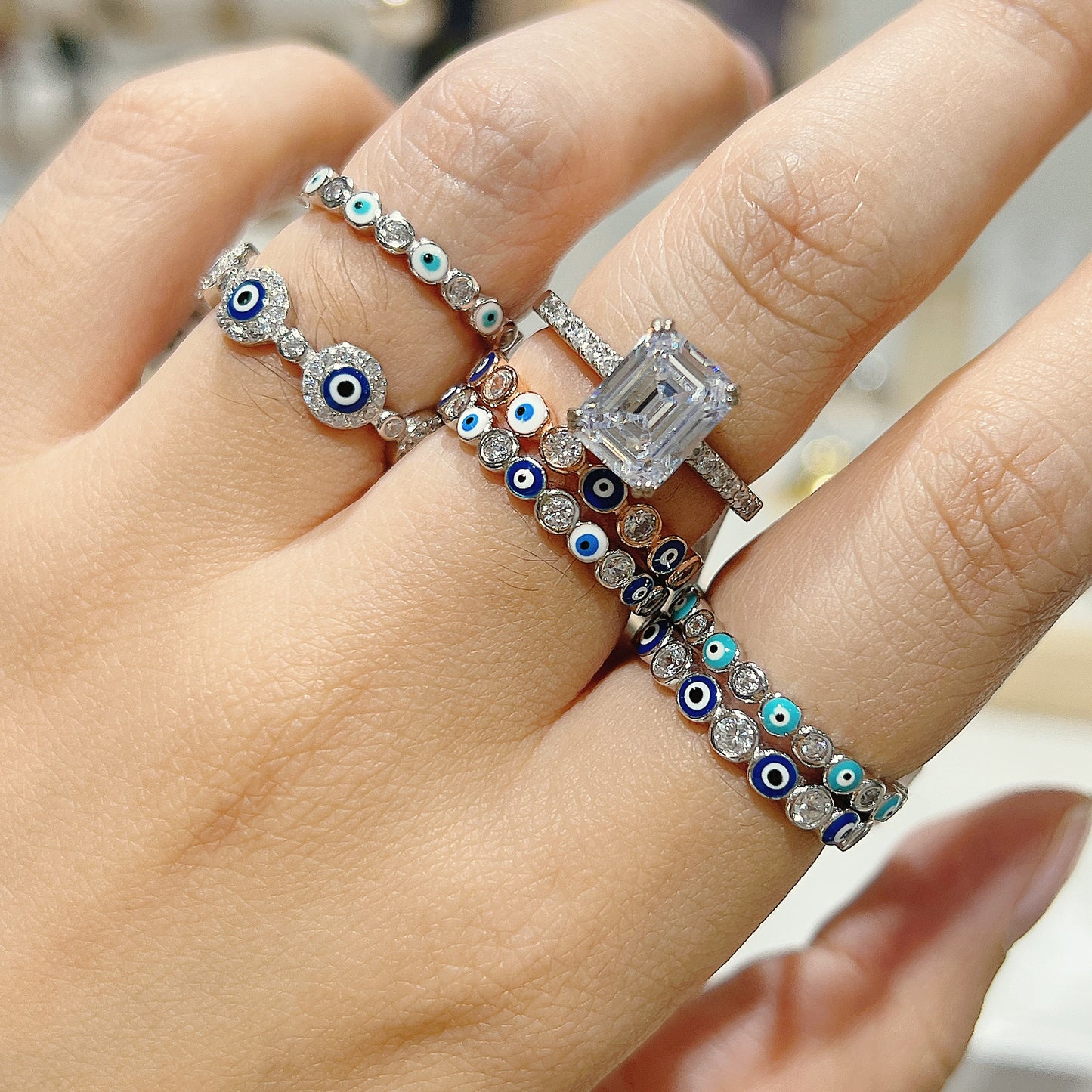 2mm White Enamel White Zircon Evil Eye Silver 925 Ring