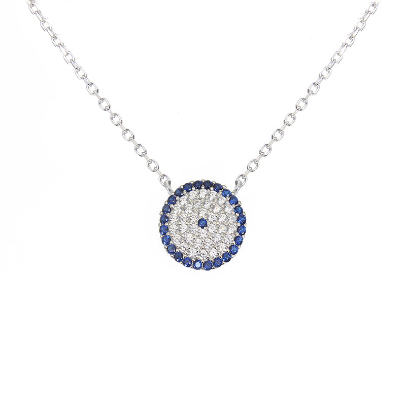 Sapphire and white zircon 13mm round shape evil eye silver 925 necklace