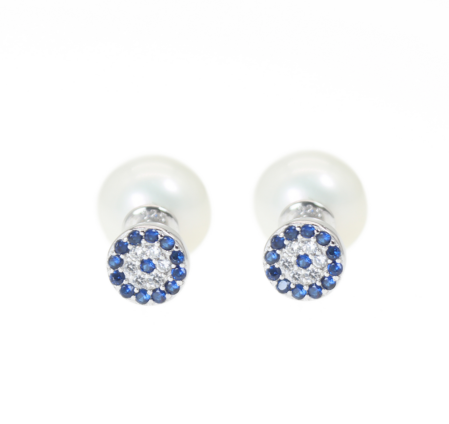 Sapphire and white zircon 7mm evil eye with 10mm fresh water pearl silver 925 stud earrings