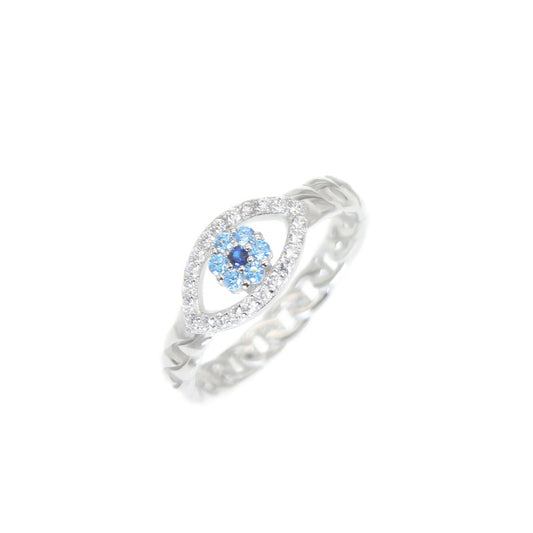 Agua sapphire and white zircon marquise evil eye silver 925 curb bang ring