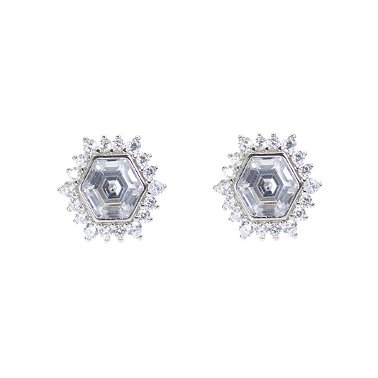 White zircon hexagon shape silver 925 stud earrings