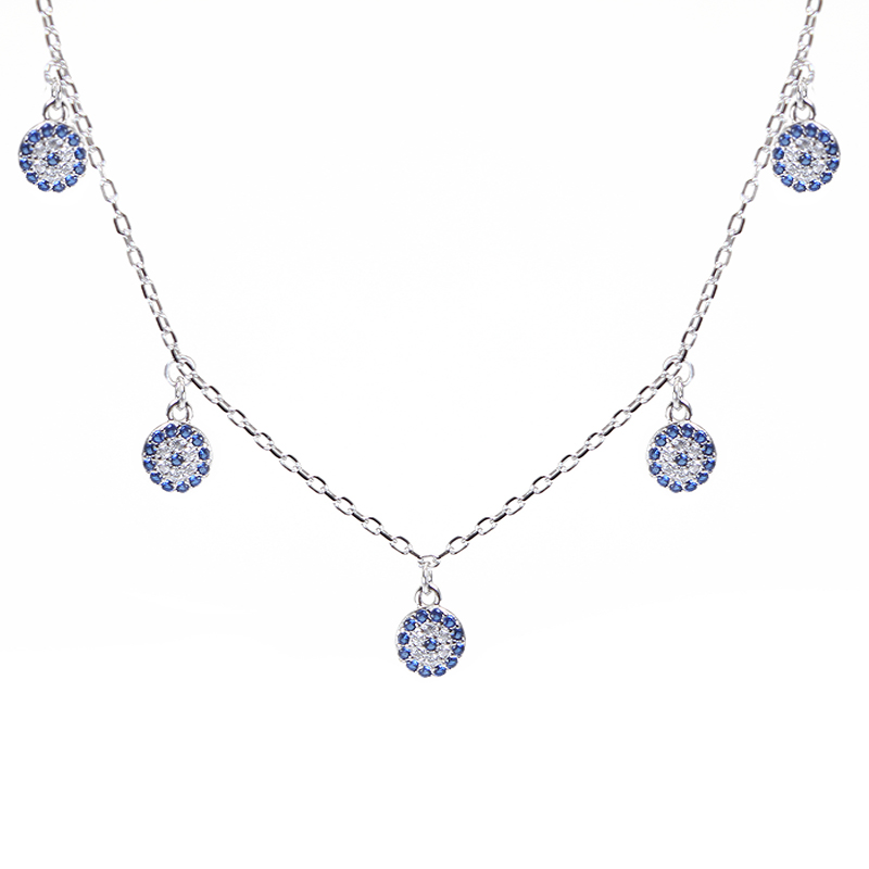 Sapphire and white zircon 6mm 5 evil eyes silver 925 necklace