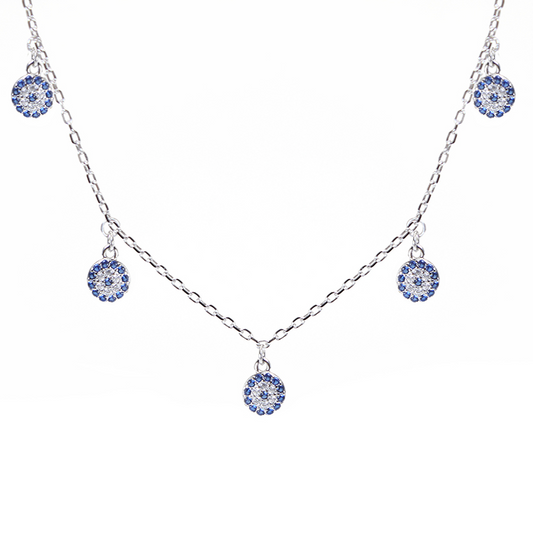 Sapphire and white zircon 6mm 5 evil eyes silver 925 necklace