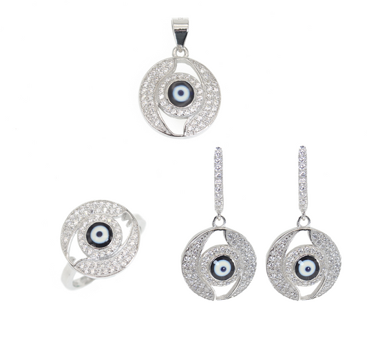 Sapphire and white zircon round evil eye silver 925 jewelry set