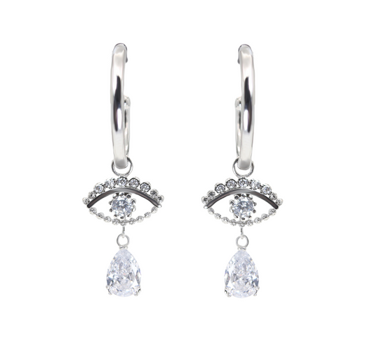 White zircon evil eye with tear drop silver 925 earrings