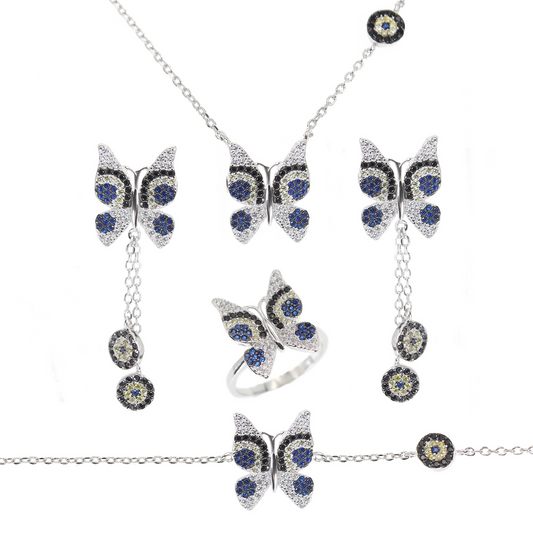 Multicolor cz butterfly and evil eye silver 925 jewelry set