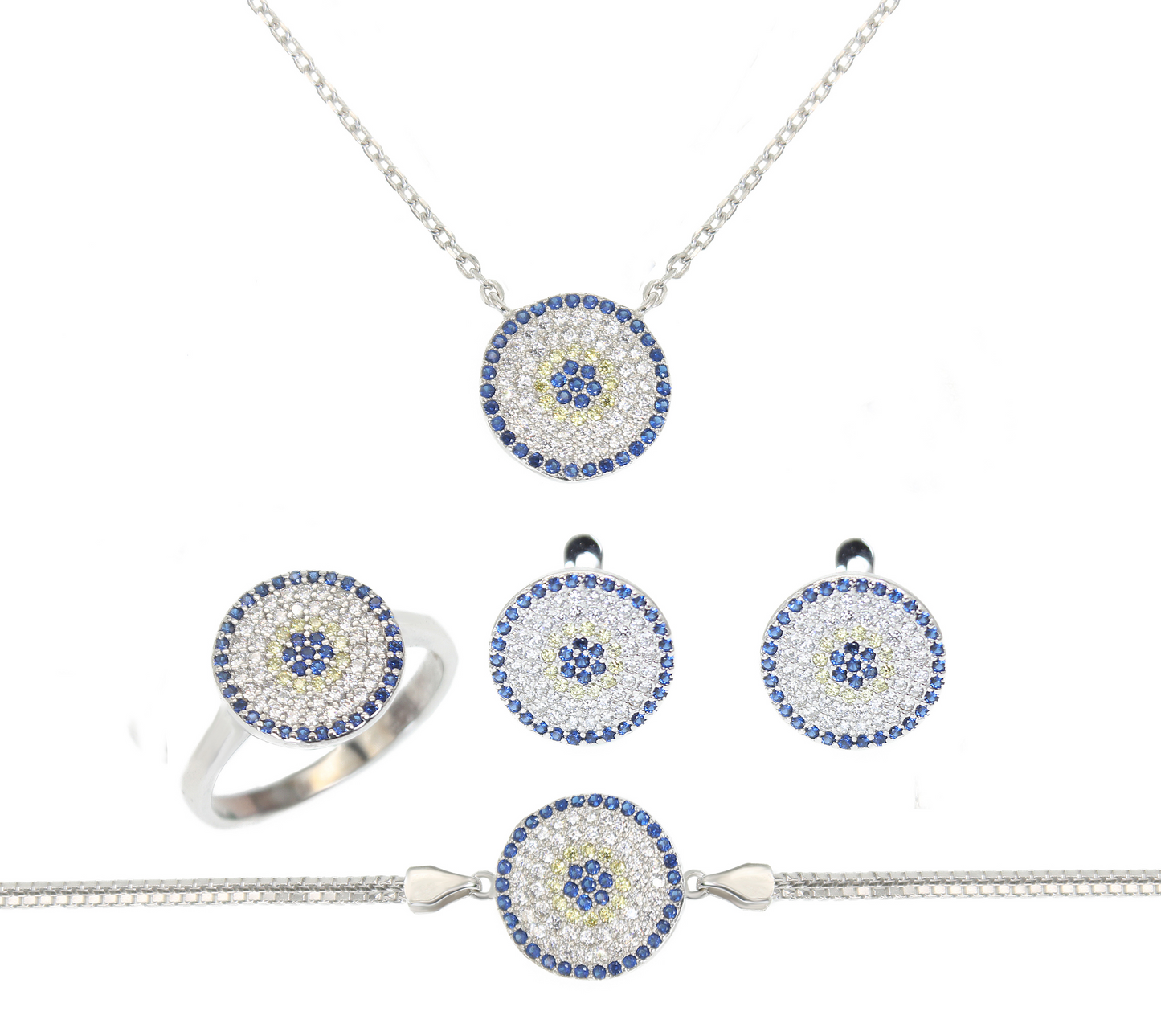 Sapphire yellow and white zircon round evil eye silver 925 jewelry set