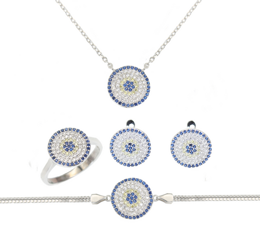 Sapphire yellow and white zircon round evil eye silver 925 jewelry set