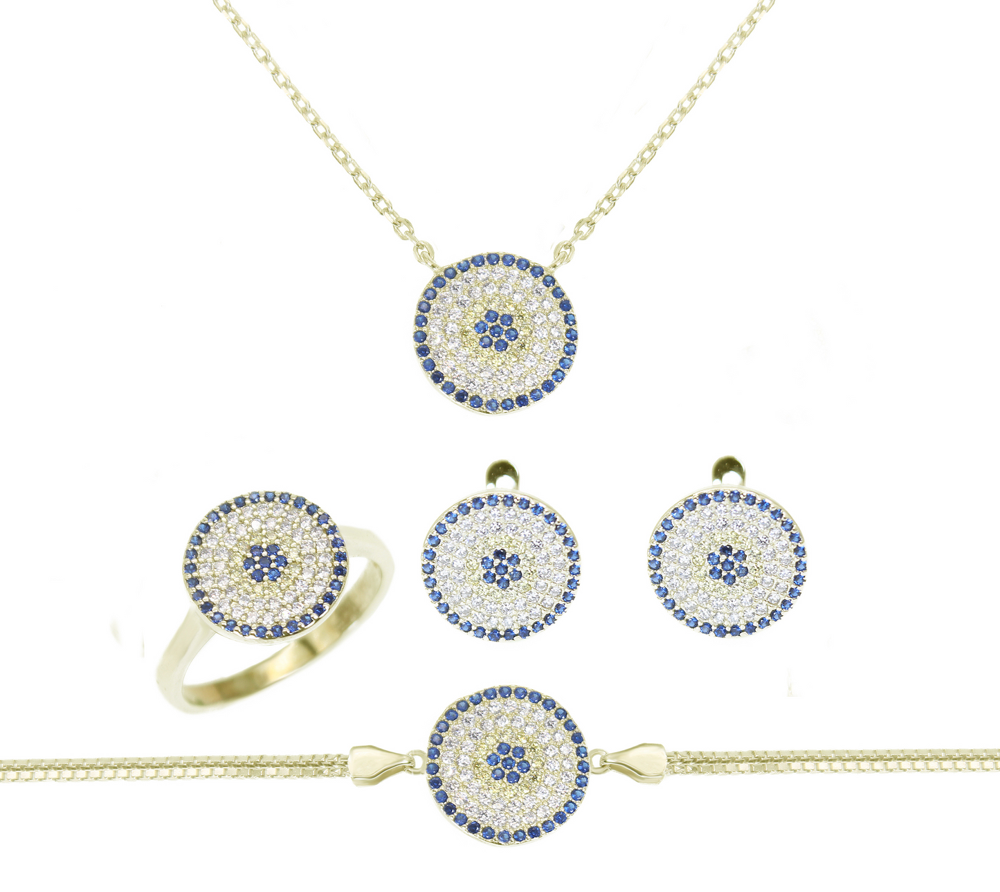 Sapphire yellow and white zircon round evil eye silver 925 jewelry set