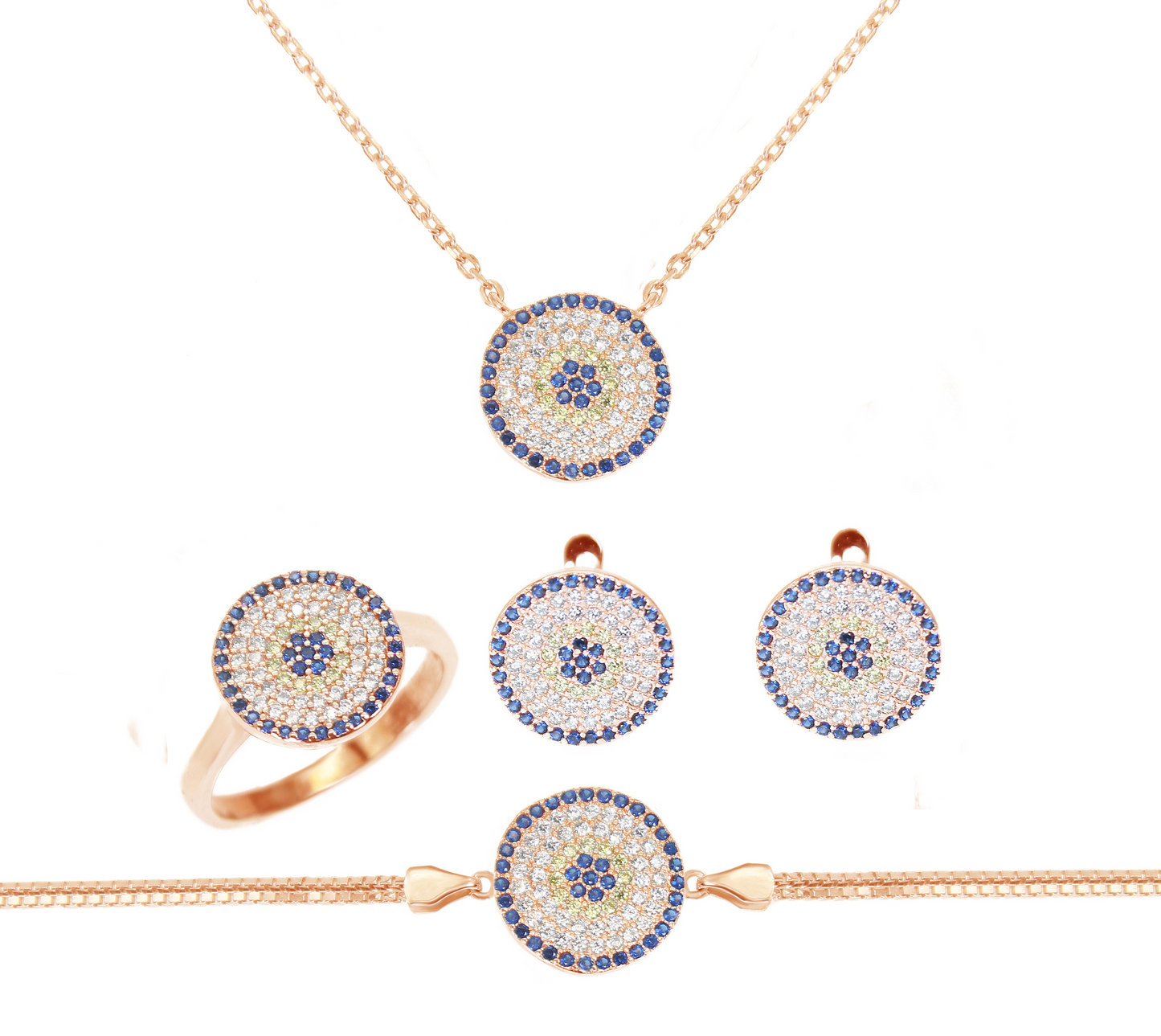 Sapphire yellow and white zircon round evil eye silver 925 jewelry set