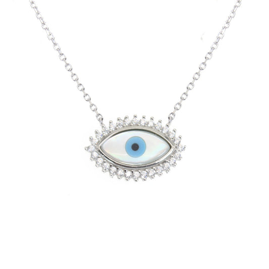 MOP white zircon marquise evil eye silver 925 necklace