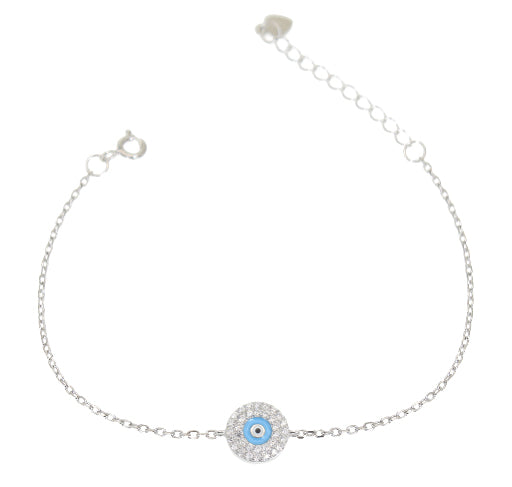 White zircon dark blue enamel round shape evil eye silver 925 bracelet