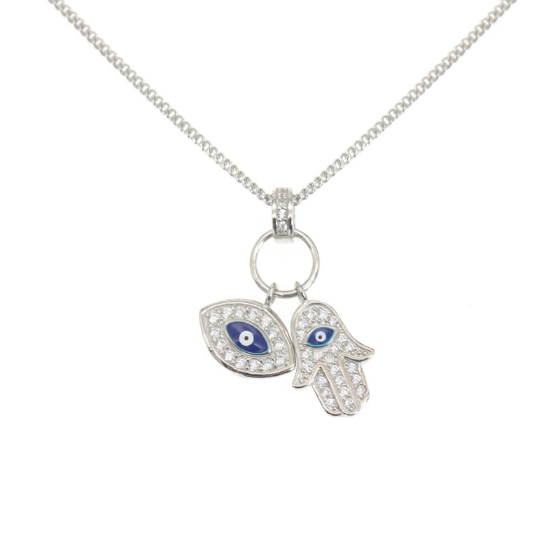 Dark blue enamel white zircon fatima hamsa marquise evil eye silver 925 curb chain necklace