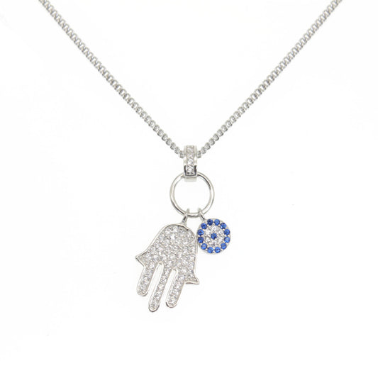 Sapphire and white zircon fatima hamsa evil eye silver 925 curb chain necklace