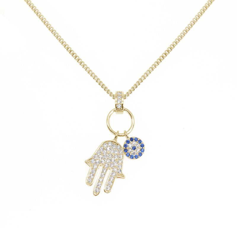 Sapphire and white zircon fatima hamsa evil eye silver 925 curb chain necklace