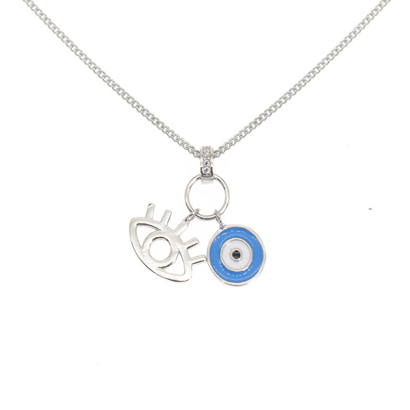 Light blue enamel white zircon eyelash evil eye silver 925 curb chain necklace