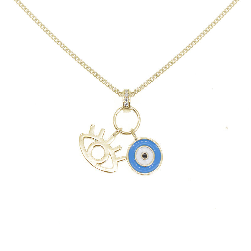 Light blue enamel white zircon eyelash evil eye silver 925 curb chain necklace