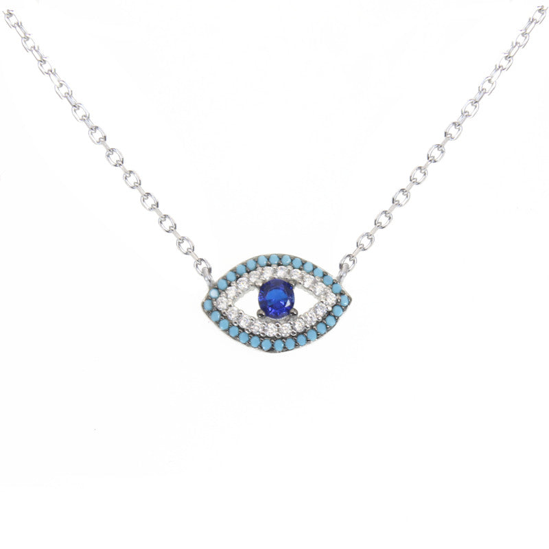 Turquoise sapphire and white zircon marquise evil eye silver 925 necklace