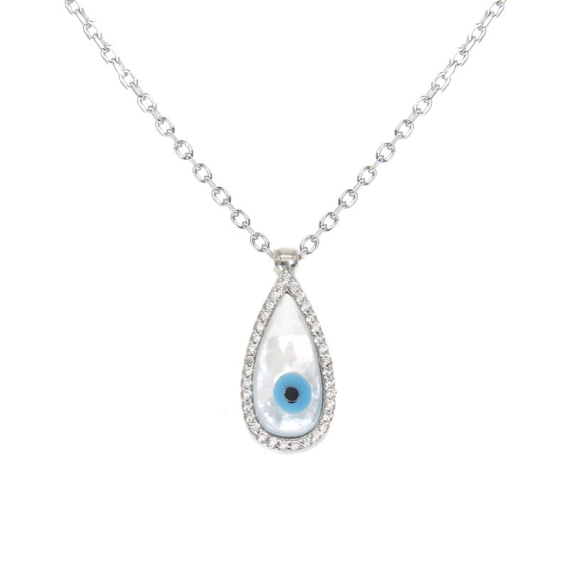 MOP white zircon tear drop evil eye silver 925 necklace