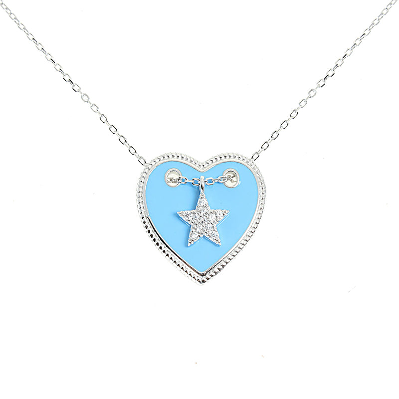 Silver House Light Blue Enamel Heart Shaped & Zircon Star Shaped Silver 925 Necklace Young Girl