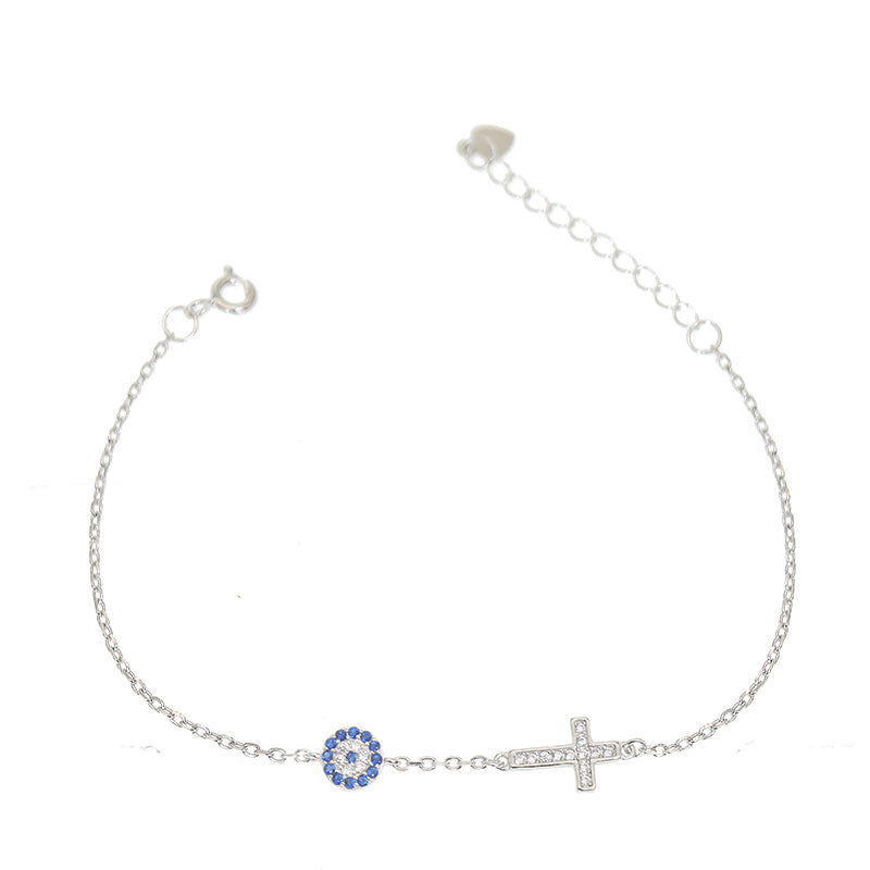 Sapphire and white zircon evil eye with cross silver 925 bracelet