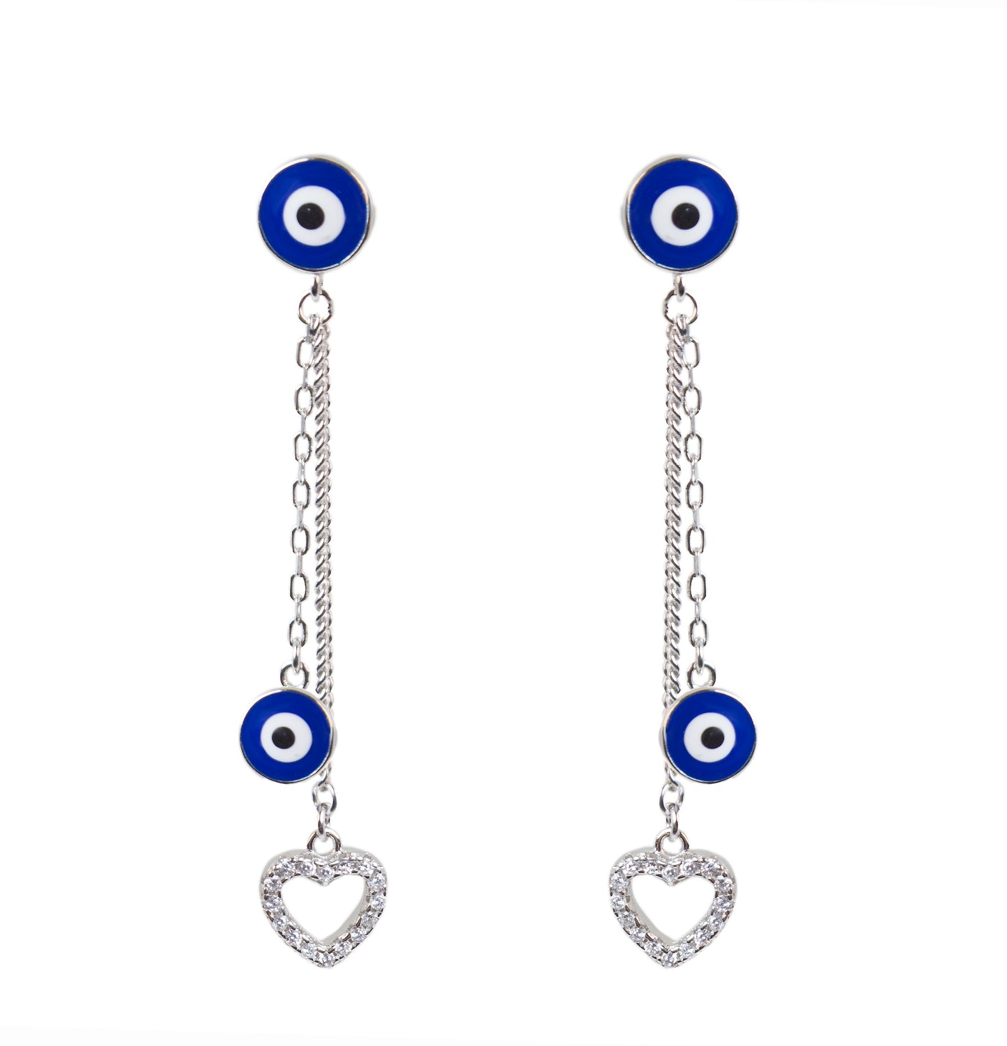 Sapphire and white zircon heart evil eye silver 925 dangling earrings