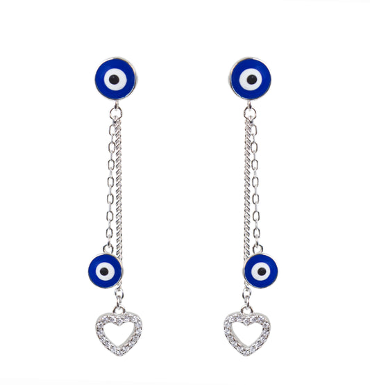 Sapphire and white zircon heart evil eye silver 925 dangling earrings