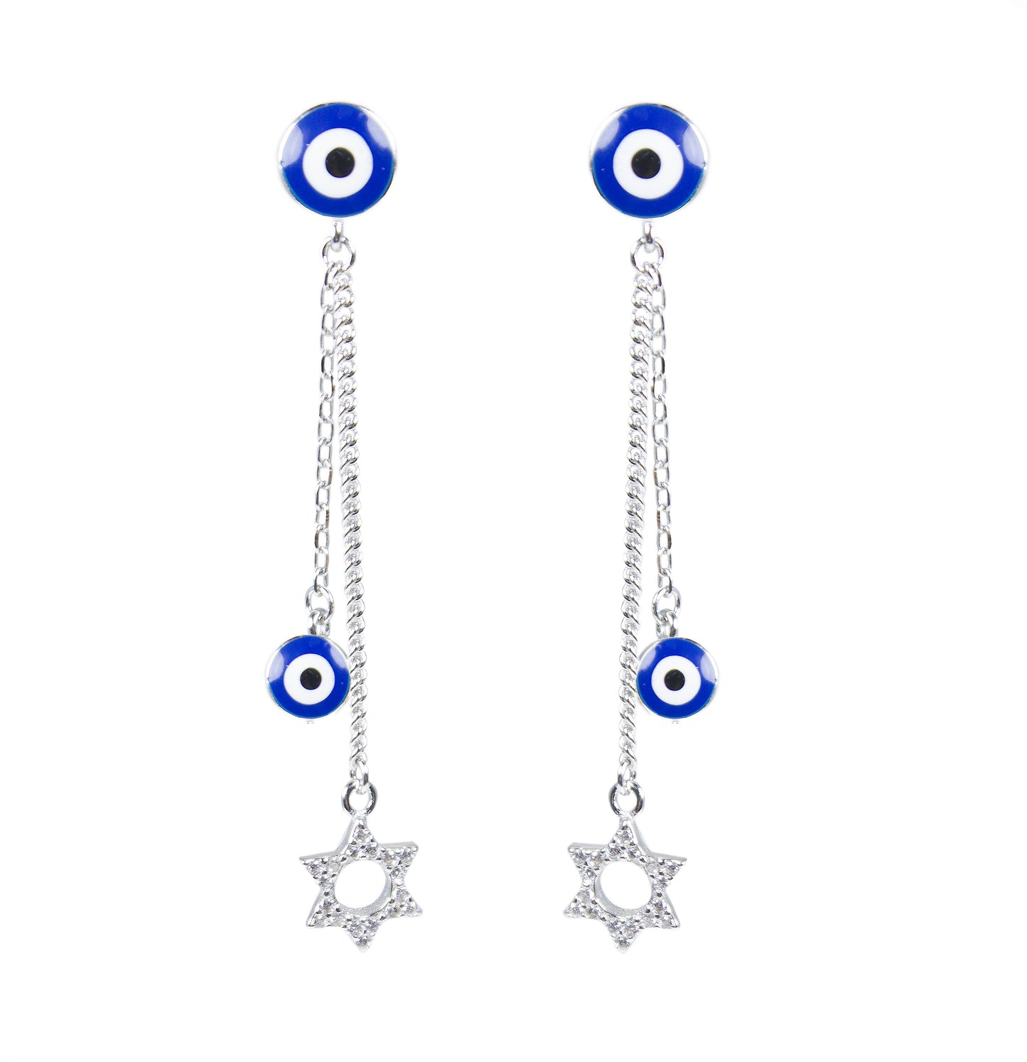 Sapphire and white zircon david star evil eye silver 925 dangling earrings