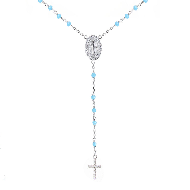 Black/dark blue/turquoise/white beads white zircon mother Maria and cross silver 925 rosary necklace