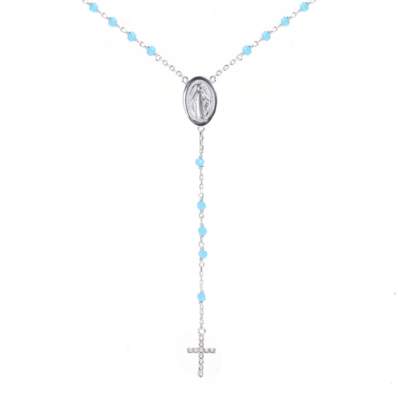 Black/dark blue/turquoise/white beads white zircon mother Maria and cross silver 925 rosary necklace