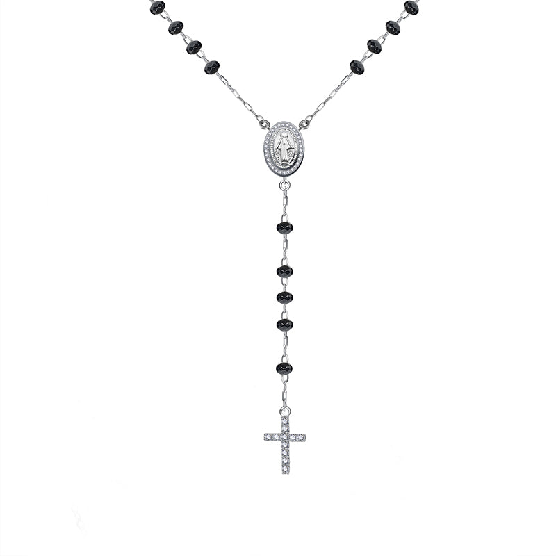 Black/dark blue/turquoise/white beads white zircon mother Maria and cross silver 925 rosary necklace